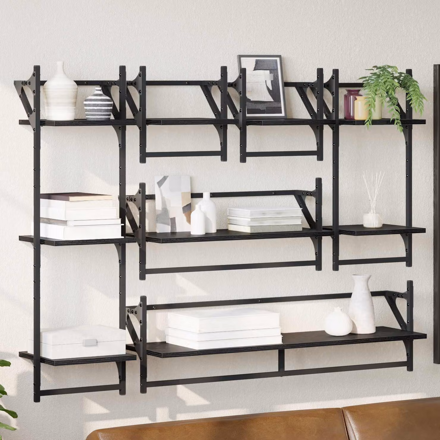 Set di 6 mensole da parete moderne vidaXL in MDF e metallo, colore nero, L 100 x P 25 x H 30 cm