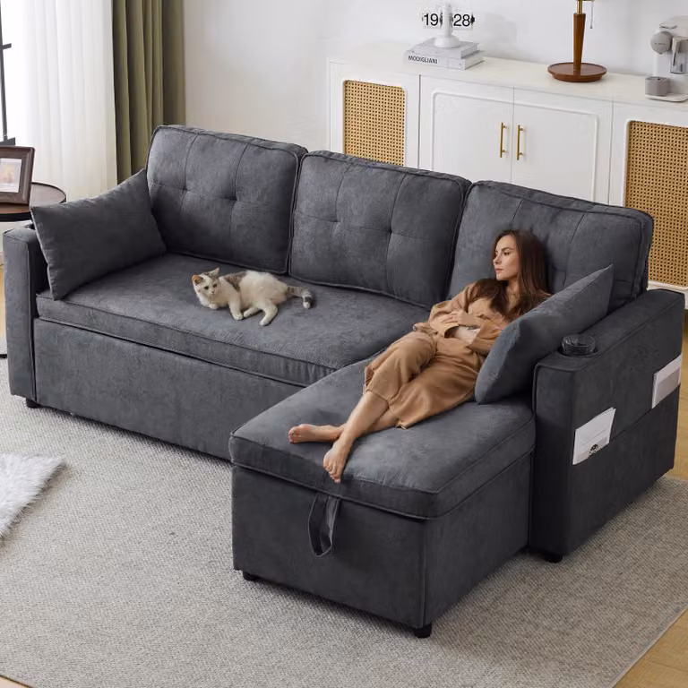Divano angolare Merax, divano a L con funzione letto e box letto, divano con portabicchieri, divano da soggiorno a 3 posti, set di divani, divano letto, grigio