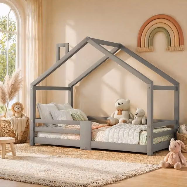 Letto a casetta per bambini in pino massello 90x200 cm, grigio