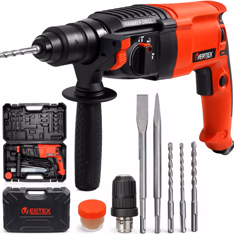 Martello perforatore SDS+, 2,4 J, 900 W, per calcestruzzo, metallo e legno, valigetta + accessori, VERTEX