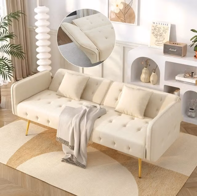 Divano letto 2 posti 215x81;5 cm beige in velluto con schienali e braccioli regolabili HOMVRA