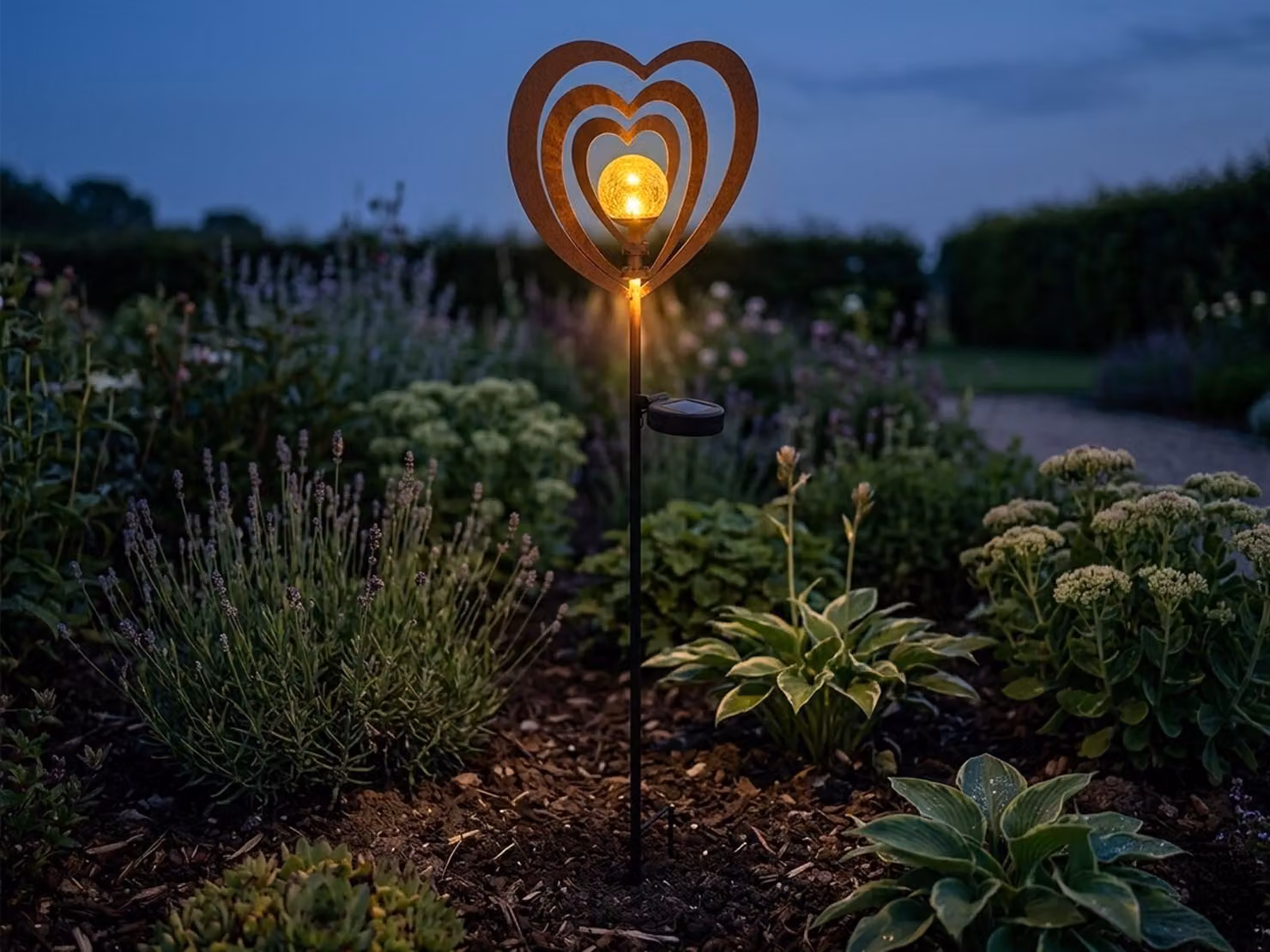 Lampada solare a LED, metallo, color ruggine, sfera in vetro, H 82 cm
