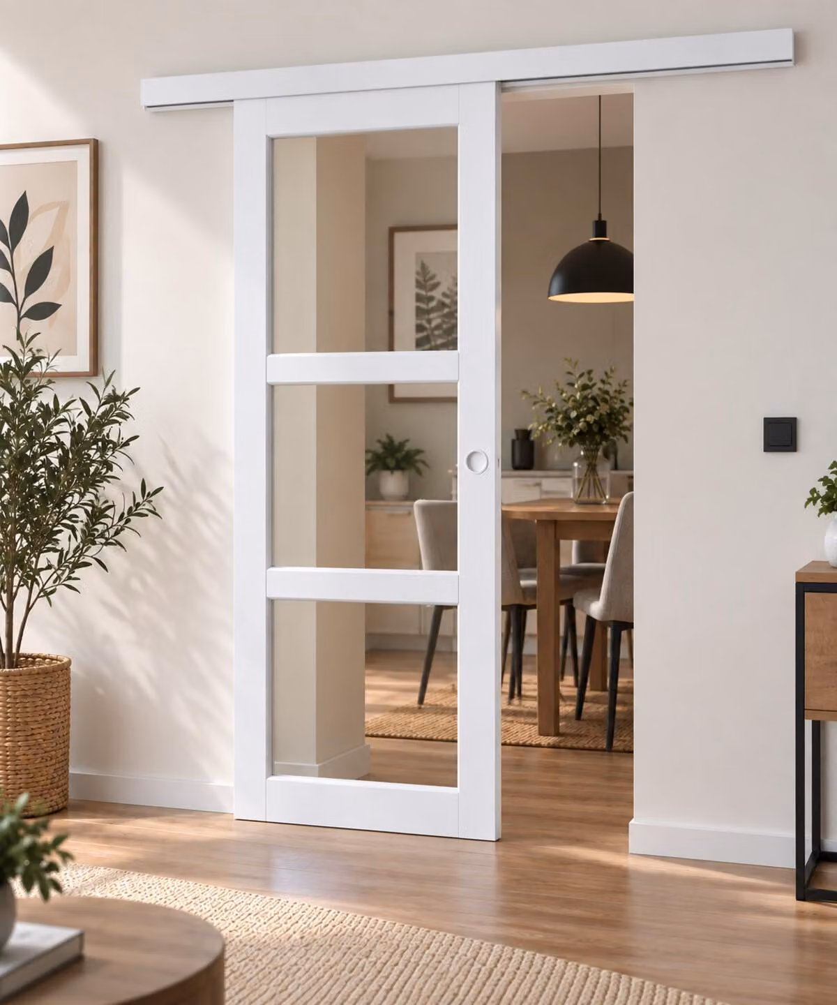 Porta scorrevole Kenya bianca con vetro trasparente H204 x L83 cm, binario in alluminio bianco, conchiglie bianche GD MENUISERIES