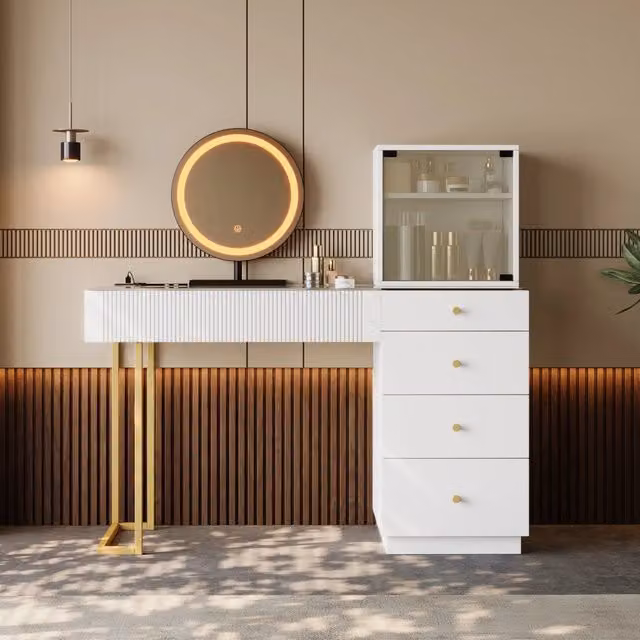 Toeletta Mivray Hollywood LED con specchio a 3 tonalità, 5 cassetti, armadietto e piano in vetro bianco lucido L/P/H: 120 x 40 x 120 cm