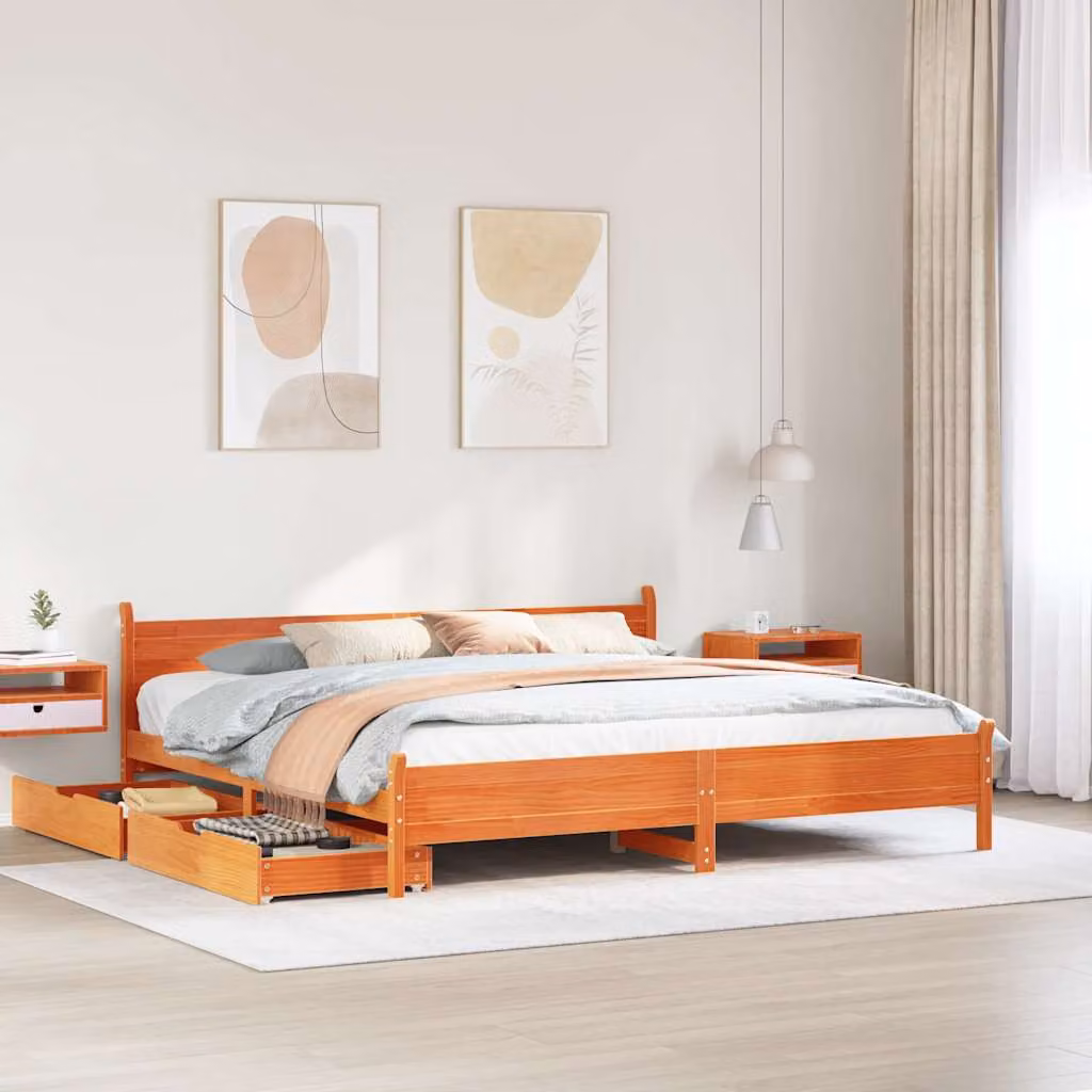 Letto in legno di pino rustico vidaXL, colore marrone cera, con cassetti, 200x200 cm