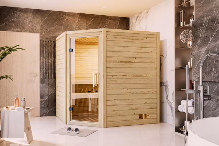 Sauna Woodfeeling Mia (ingresso ad angolo), porta tutto vetro, trasparente, riscaldatore 9 kW centralina integrata