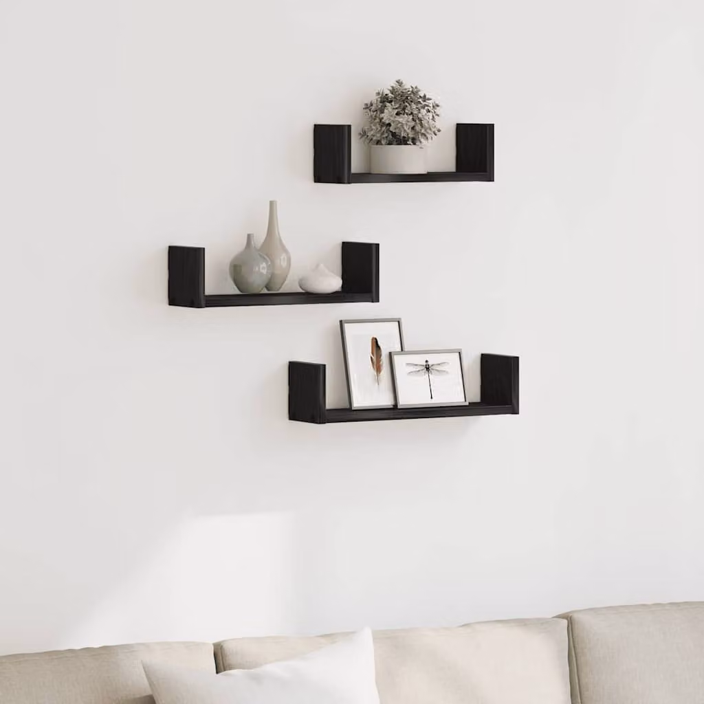 Set di 3 mensole da parete vidaXL in legno multistrato e MDF, colore rovere e nero, stile moderno