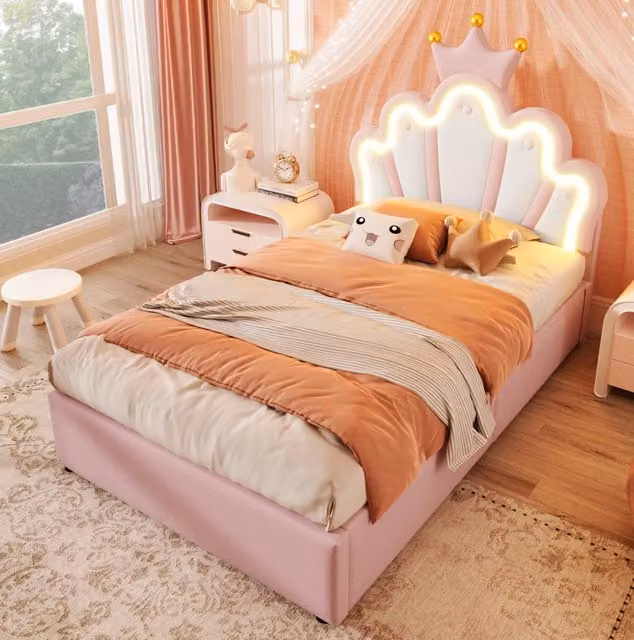 Letto imbottito a corona 90x200 cm con contenitore idraulico; LED e testiera regolabile; rosa