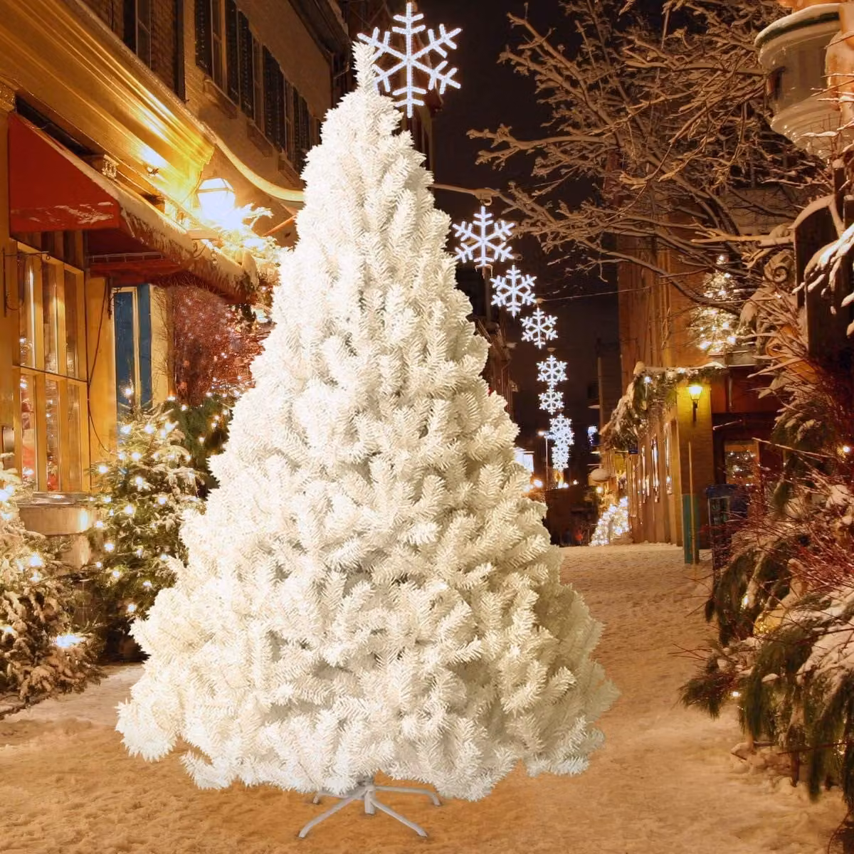 Albero di Natale artificiale Costway bianco con lampione musicale e decorazioni luminose in PVC e metallo, Altezza: 240 cm