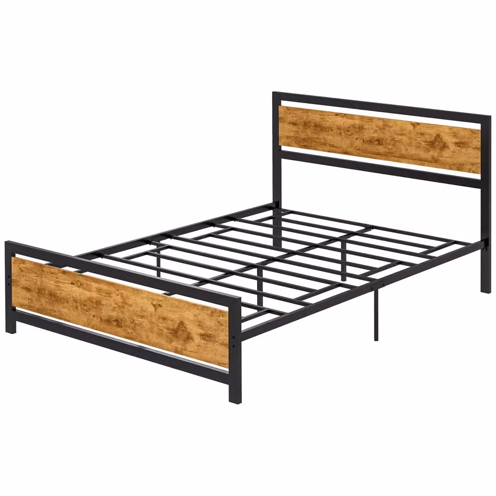 Struttura Letto Una Piazza e Mezza in Legno e Acciaio in Stile Industriale, Colore Nero e Marrone, 140x200 cm – 2