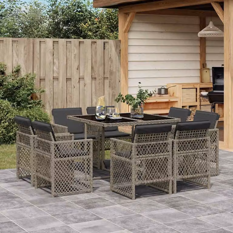 vidaXL Set da Pranzo da Giardino 9 pz in Polyrattan con Piano in Vetro Grigio e Nero