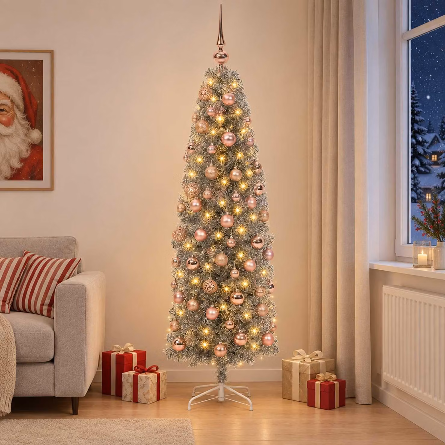 Albero di Natale artificiale, sottile, con decorazioni a forma di pallina, altezza 180 cm