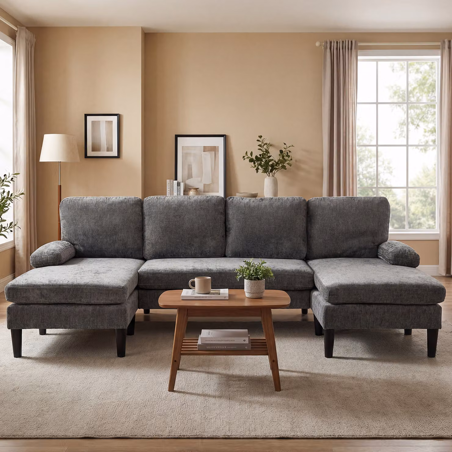Divano angolare Costway Grigio con 4 cuscini, struttura in legno e metallo, design moderno a L per soggiorno