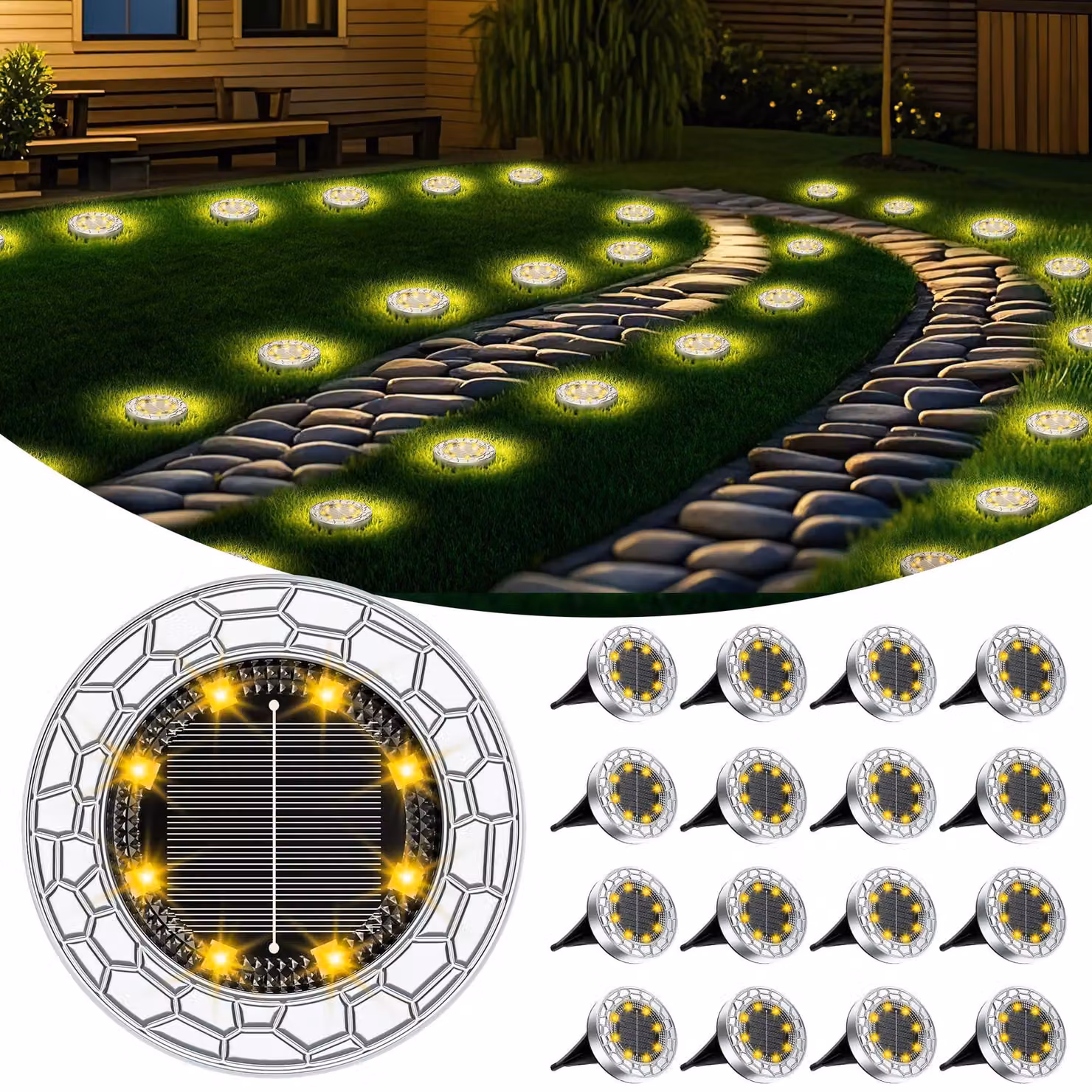 16 luci da giardino solari, 8 LED, luce bianco caldo, grado di protezione IP65, motivo pietra