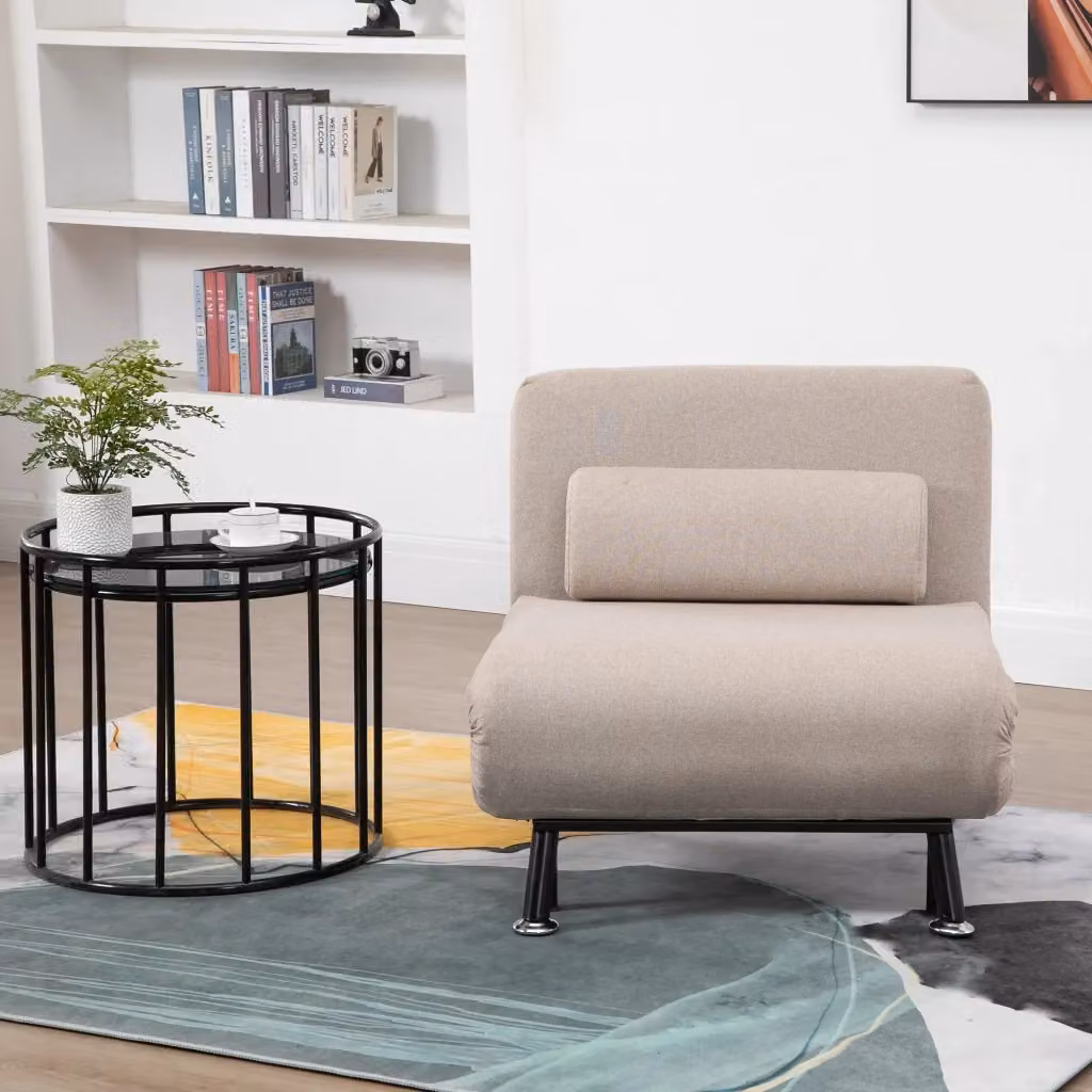 Poltrona Letto Benzoni Trasformabile in Tessuto Beige con Struttura in Metallo e Schienale a Tubo L/P/H: 75 x 70 x 75 cm – 2