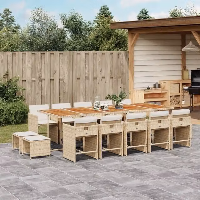 Set da pranzo da giardino vidaXL in polyrattan con cuscini beige e legno di acacia, 15 pezzi – 1