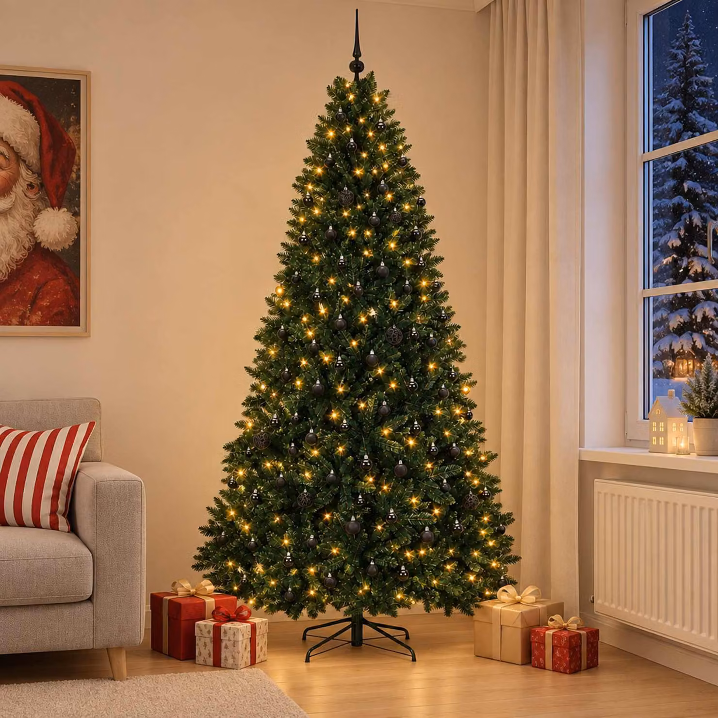Albero di Natale artificiale, color verde scuro, con decorazioni a forma di palline, altezza 270 cm