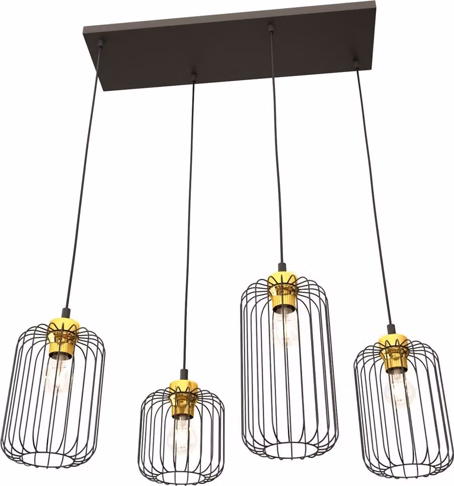 Lampada a sospensione industriale rettangolare nero-oro con 4 paralumi in filo metallico, regolabile, VANDER 4xE27 15W Emibig