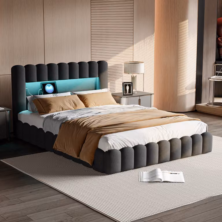 Moonbite, letto contenitore 160x200 cm, tessuto in lino grigio, imbottitura con tecnologia LED, porta USB, angoli arrotondati