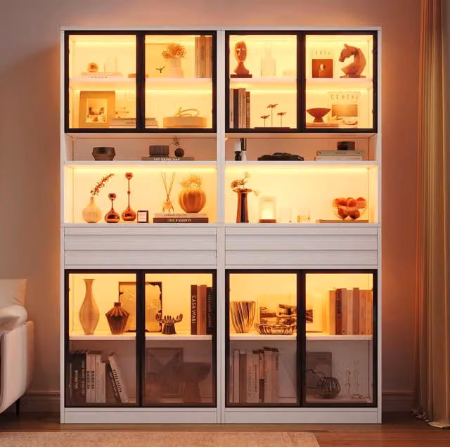 Vetrina alta con LED controllabile da app; 80 x 35 x 200 cm; in MDF bianco