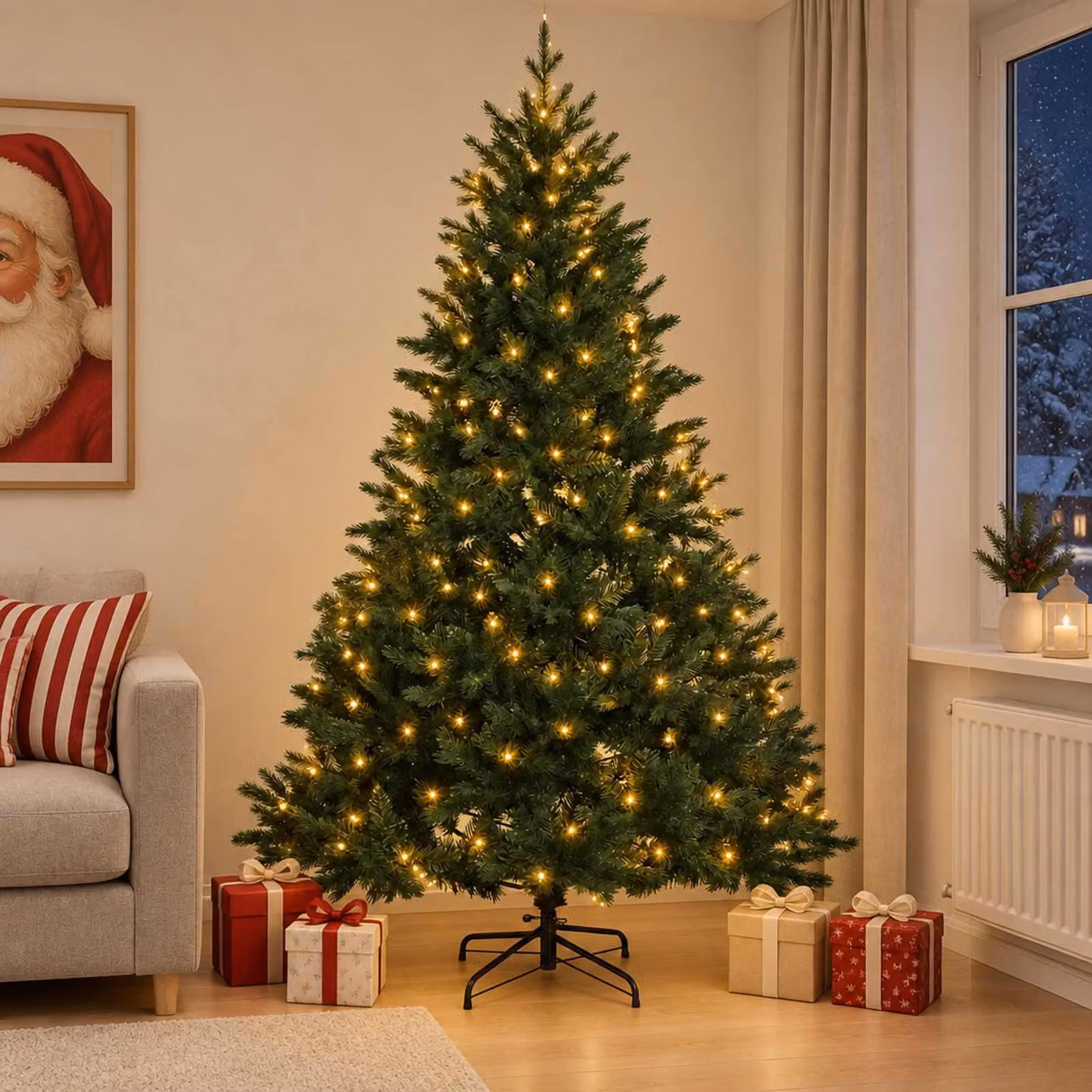 Albero di Natale artificiale pieghevole, altezza 180 cm, con 300 luci a LED