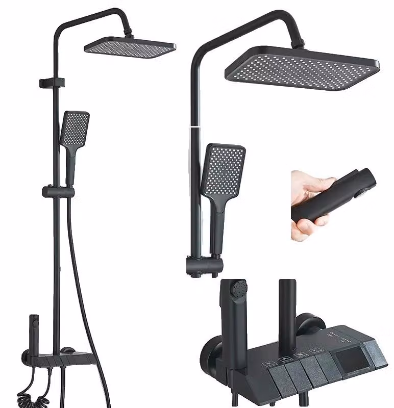 Sistema doccia, montaggio a parete, display digitale idroelettronico, colore nero