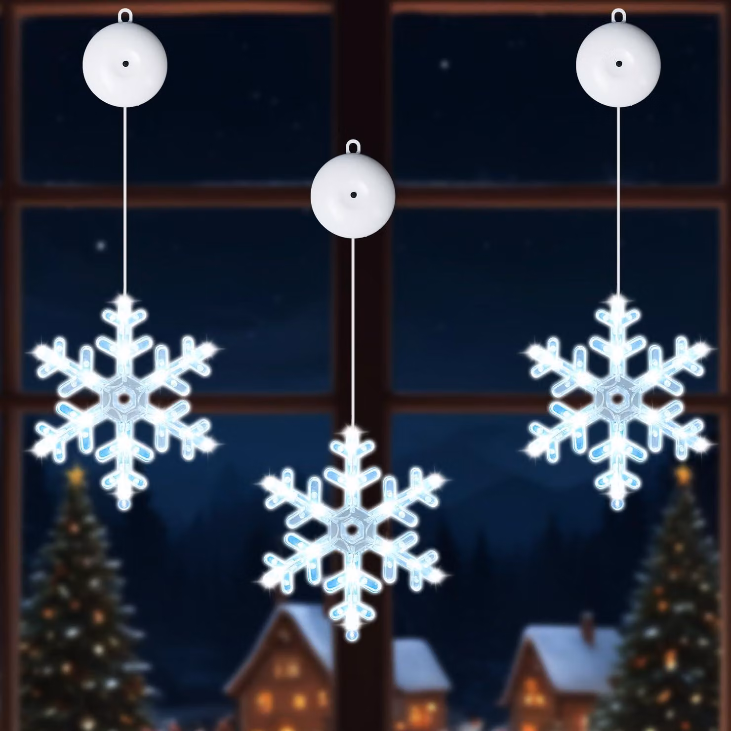 3 luci a forma di fiocchi di neve con ventosa, timer e luce bianca fredda