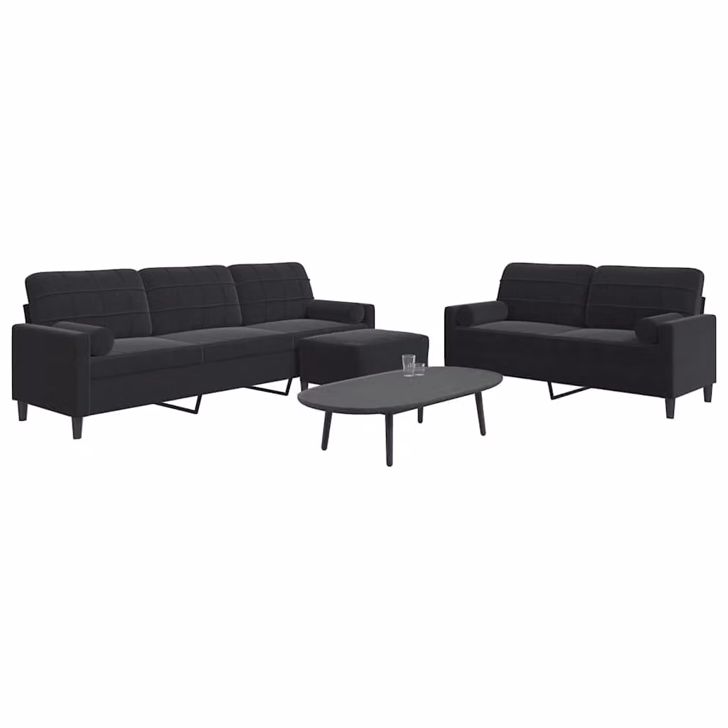 Set di Divani 3 Pezzi vidaXL in Velluto Nero con Pouf e Cuscini, Design Moderno con Struttura in Metallo – 1
