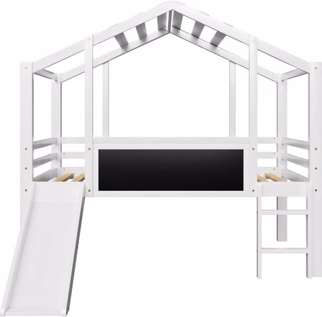 Letto a soppalco singolo Chicfurn in legno bianco con scivolo, scaletta e lavagna, L/P/H: 200 x 90 x 159 cm