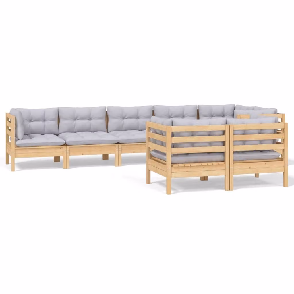 Set Divani da Giardino 8 pz con Cuscini Grigi Massello di Pino