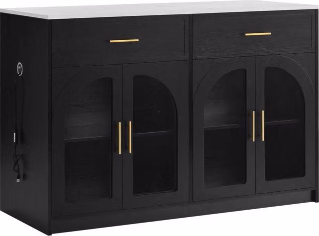 Credenza moderna Chicfurn con 2 cassetti, 2 ante in vetro, ripiani regolabili e illuminazione LED integrata, colore nero, L: 135 cm, P: 55 cm, H: 91 cm – 1