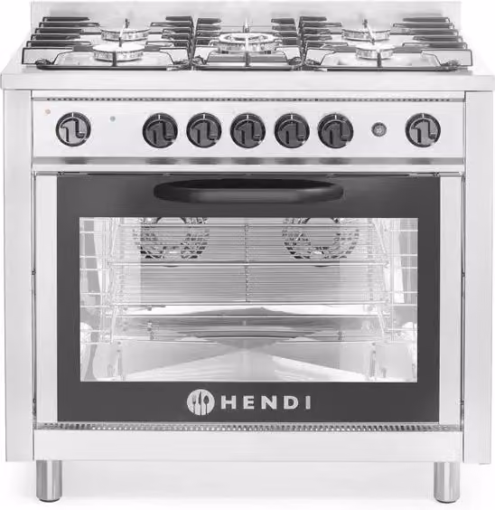 Cucina a gas HENDI Kitchen Line con 5 bruciatori e forno elettrico a convezione e grill, Argento