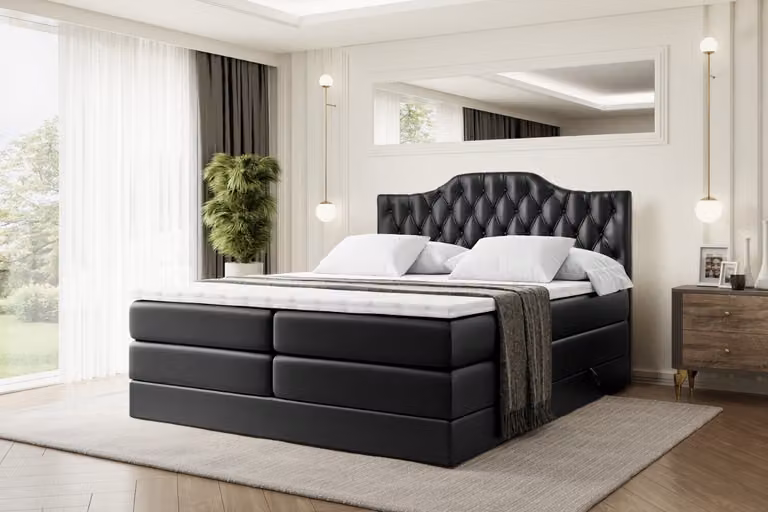 Letto boxspring ALTDECOR con 2 materassi e topper - 160x200 cm - VILA-1 KING - Pelle finta nera - Letto imbottito con materassi H3 e H4, contenitore e rete a doghe, letto con spazio contenitivo