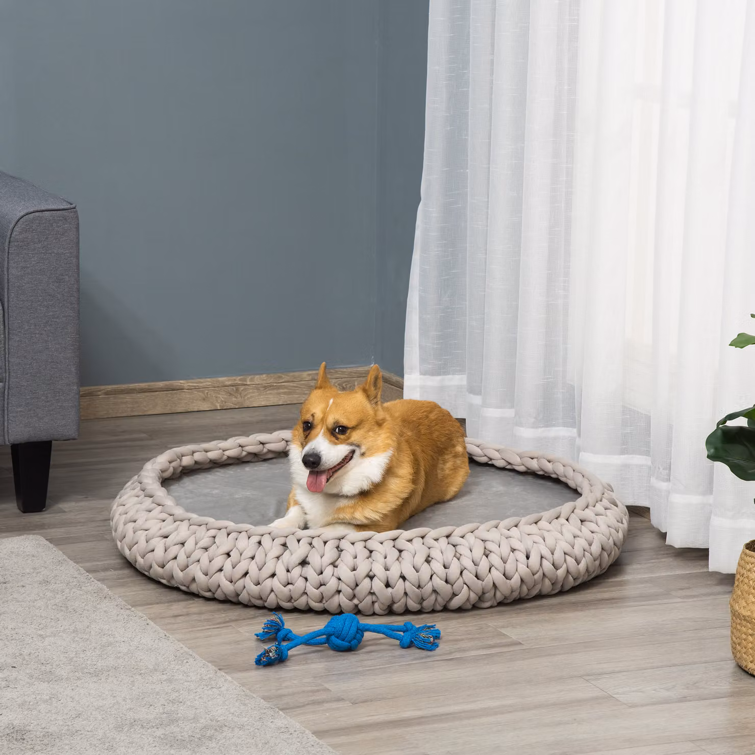 Cuccia rotonda PawHut per cani e gatti con bordi rialzati e cuscino imbottito in effetto velluto, Grigia, Diametro: 93 cm, Altezza: 15 cm, Aosom – 2