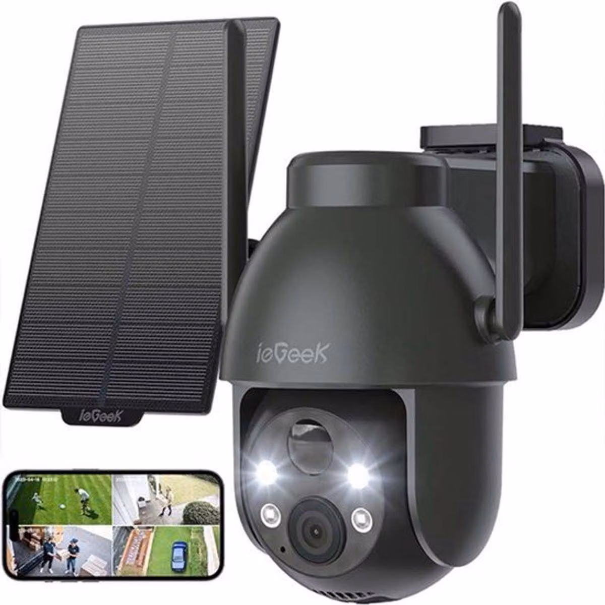 Telecamera di sicurezza wireless per esterni, alimentata a energia solare, con risoluzione 2K e rotazione panoramica a 360 gradi