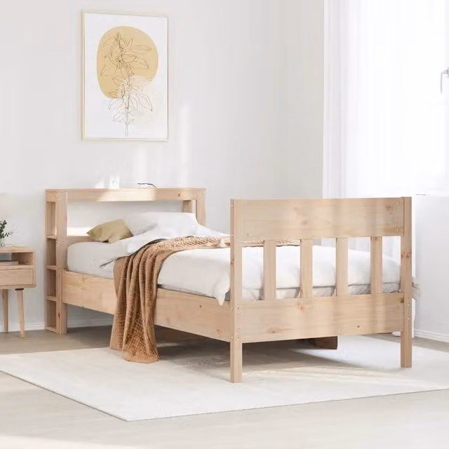Letto in legno massello di pino VIDAXL con doghe rigide e ripiani laterali, colore beige, L: 190 cm, P: 82 cm, H: 81 cm