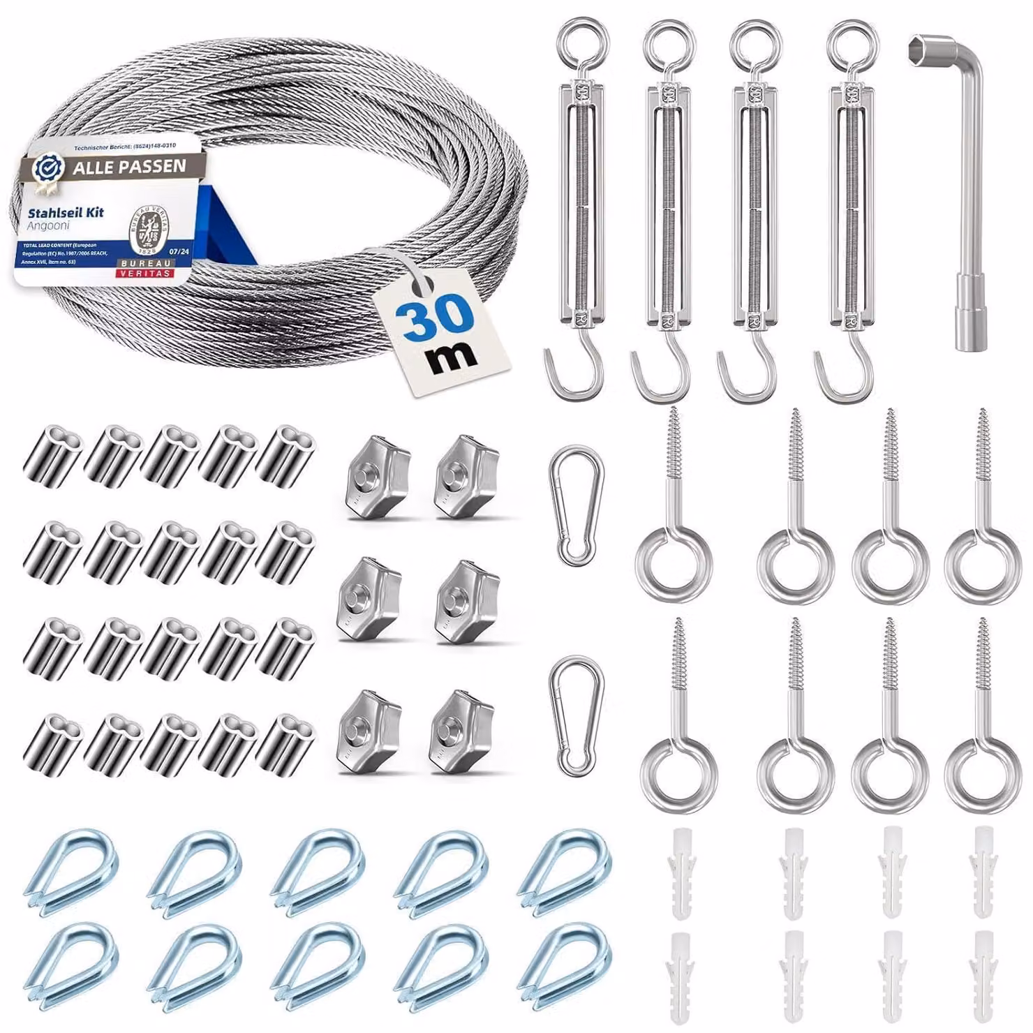 Kit di cavi in acciaio da 30 metri, composto da cavo in acciaio inossidabile da 3 mm e 58 componenti, adatto a diverse applicazioni