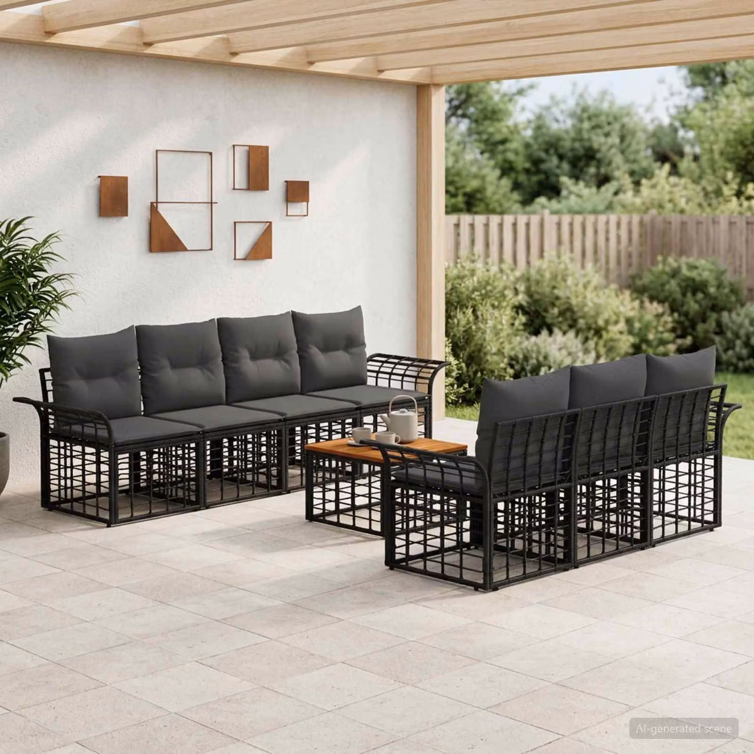 Set di divani da esterno vidaXL in polyrattan nero e grigio con tavolo da caffè e cuscini inclusi
