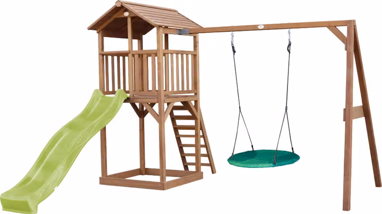 AXI Beach Tower parco giochi in legno in marrone | Torre di gioco per bambini con sabbiera, altalena a nido e scivolo verde lime | Casa per bambini su palafitte per il giardino