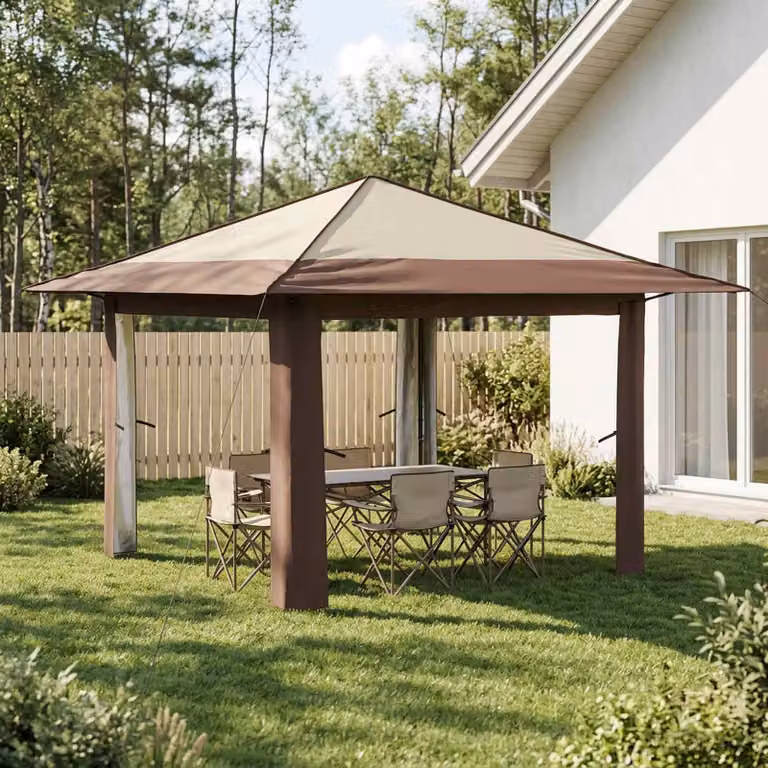 Gazebo senza Parete vidaXL in Acciaio e Poliestere, Colore Beige e Marrone, L/P: 330 x 330 cm