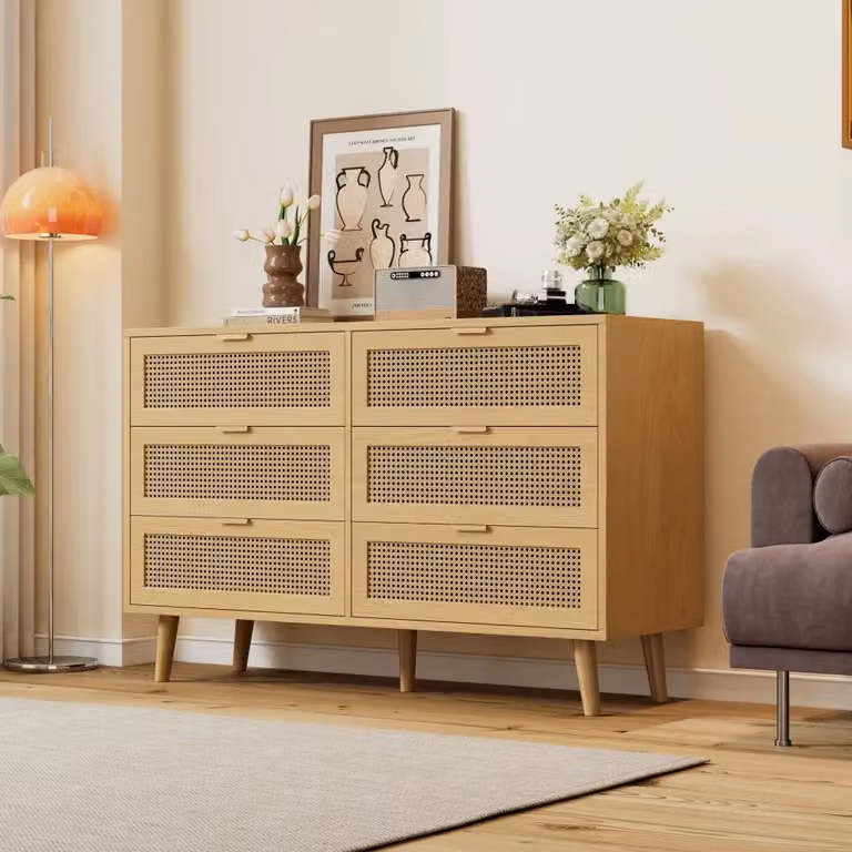 Comò WISHDOR in stile rétro con 6 cassetti, colore noce e beige, L 120 x H 76,5 x P 40 cm
