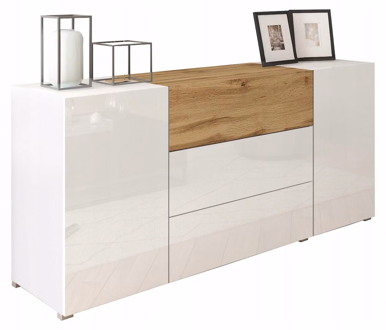 Comò da salotto, 150 cm di larghezza, con 3 cassetti e 2 ante, finitura wotan/bianco lucido