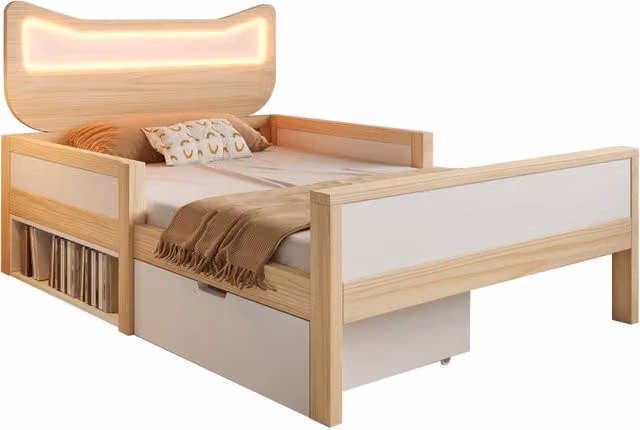 Letto bambino Chicfurn con testiera a forma di gatto, illuminazione LED regolabile, cassetto e vani contenitore, bianco e marrone, L/P/H: 190 x 90 x 96,5 cm – 1