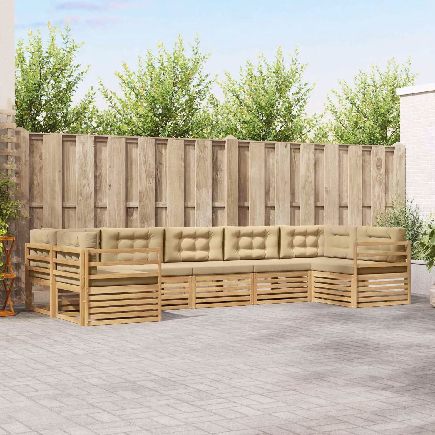 vidaXL Set di divani da esterno a forma di U composto da 7 pezzi in legno di acacia, Bianco e Beige