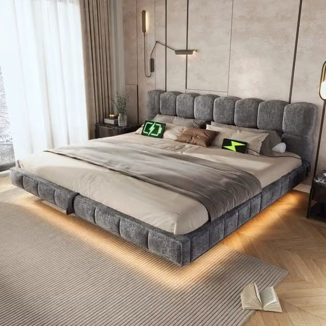 Letto matrimoniale imbottito 180 × 200 cm con contenitore idraulico LED e ricarica USB in ciniglia grigio