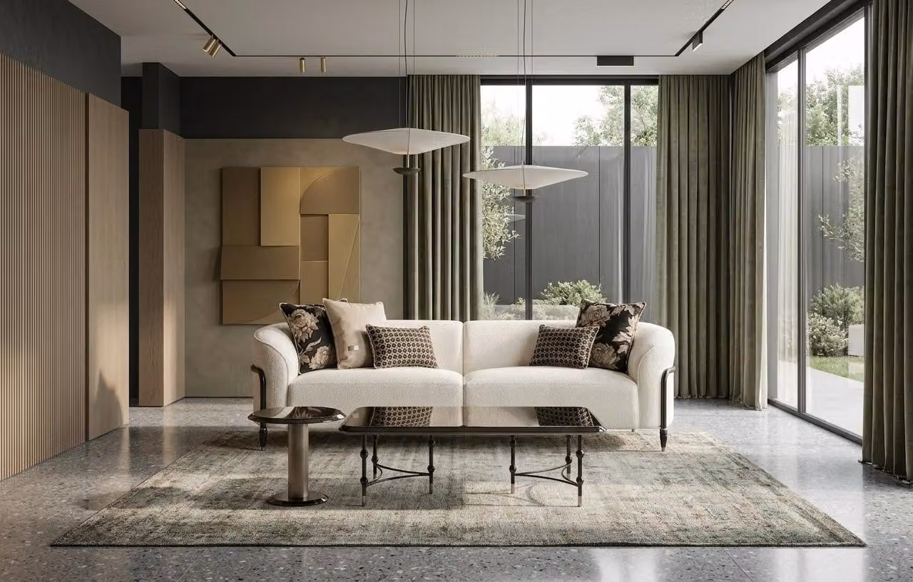 Elegante set da salotto: divano a 3 posti, tavolino da salotto, tavolino di servizio, set di design