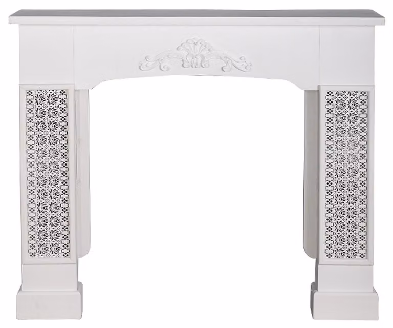 Casa Padrino cornice per camino in stile country con ornamenti bianca 115 x 23 x H. 100 cm - Mobili in stile country
