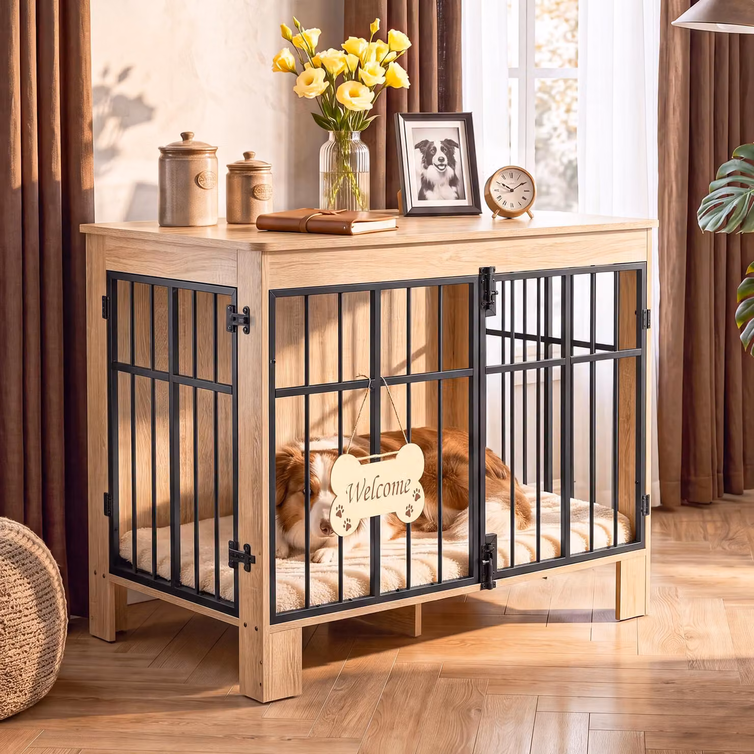 Gabbia per cani DWVO, design a 2 porte, aspetto legno, dimensioni 85 x 55 x 70 cm