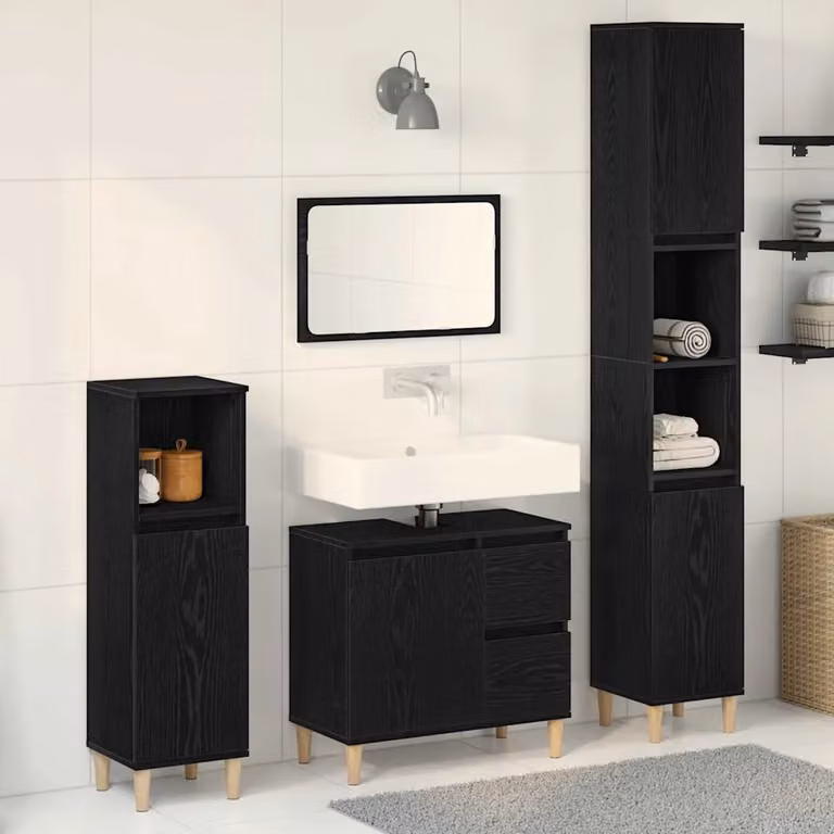 Set di mobili per il bagno moderno vidaXL composto da 3 pezzi in nero opaco con mobile lavabo, mobile laterale e colonna alta