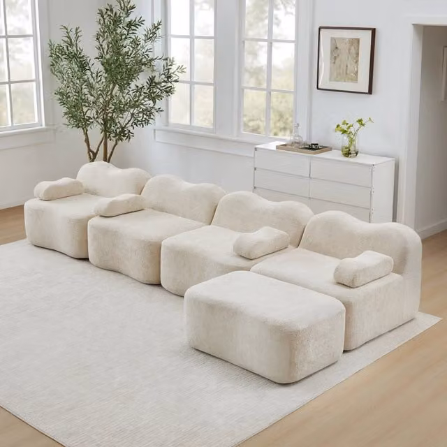 Divano Angolare Modulare 4 Posti MINIMAL con Ottoman in Tessuto Beige Morbido e Design L-Shape